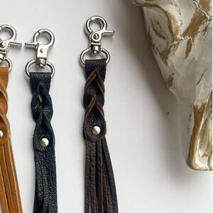 Western Leather Skinny Tassel Fringe Keychain Bag Charm Brown
